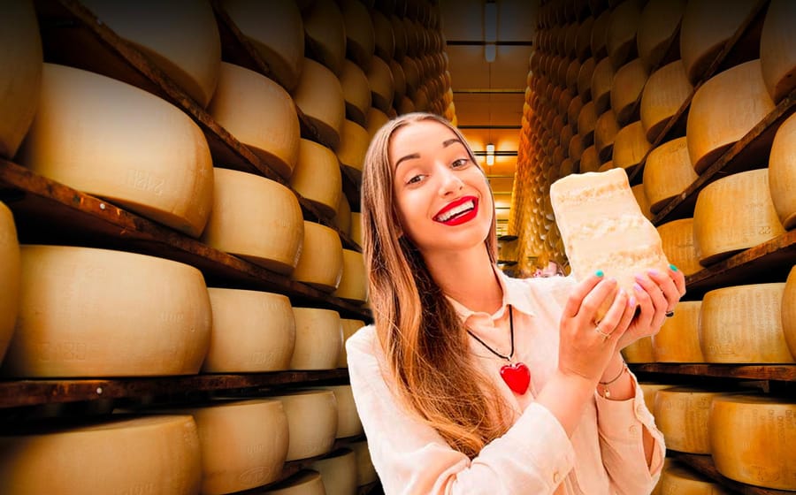 Parmigiano Reggiano wheels inside a traditional cheese factory
