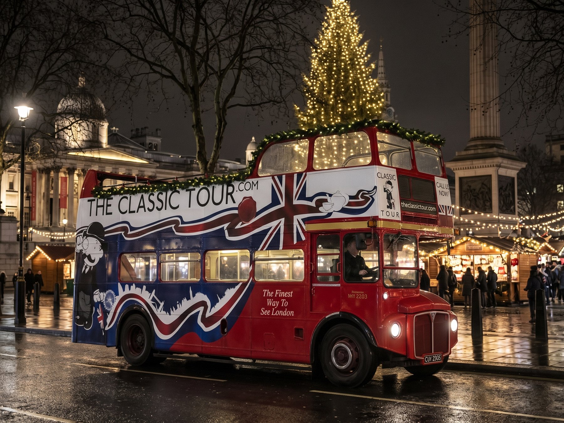 Weihnachtslichter-Tour durch London im offenen Vintage-Bus