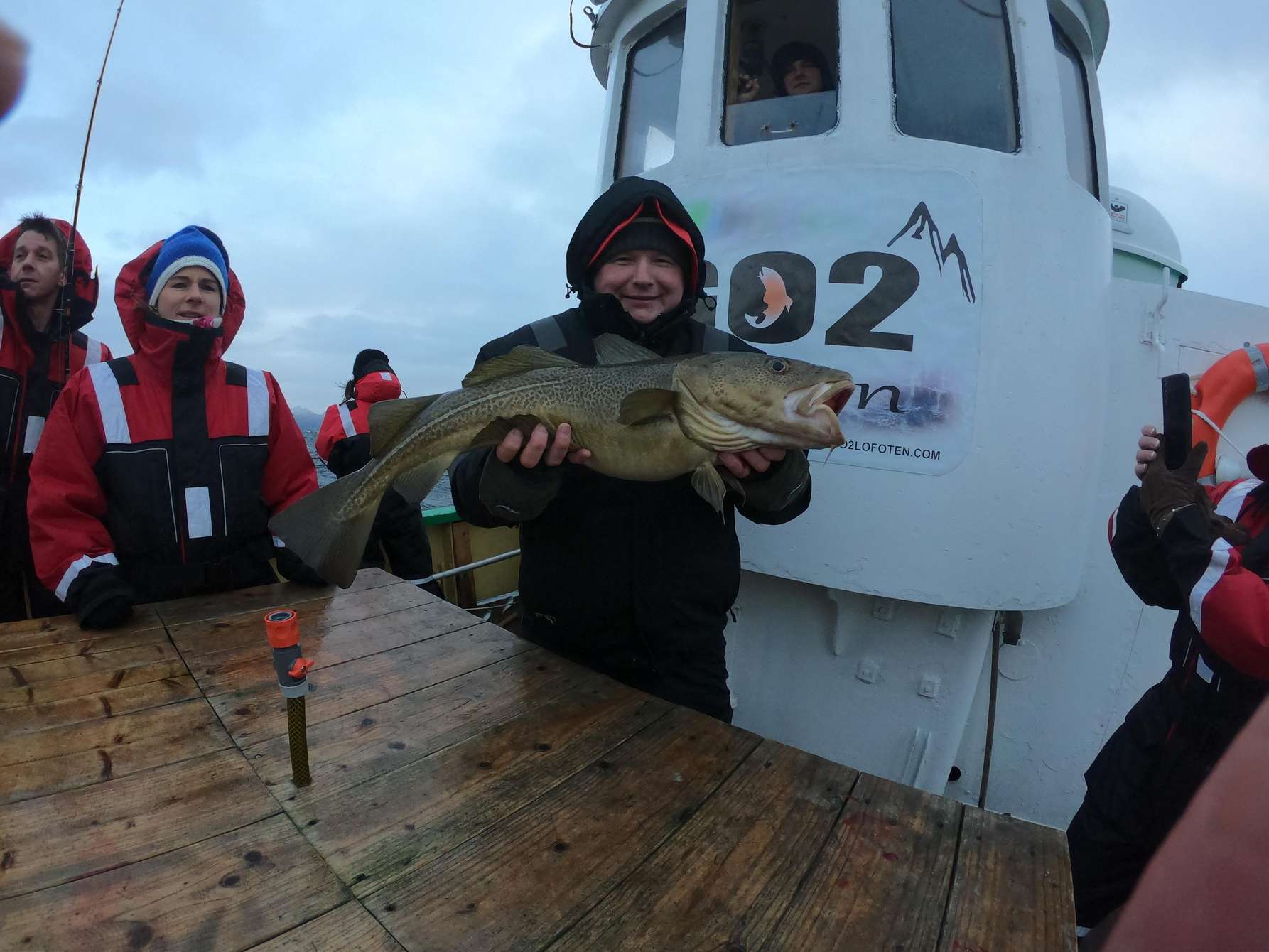 Angeltour per Boot ab Svolvær auf den Lofoten: Teilnehmer in Regenkleidung ziehen Dorsch und Pollack aus dem Vestfjord, im Hintergrund die Gipfel der Lofoten