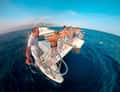 Fisheye view of catamaran guests