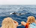 Two girls watching dolphins from boat
