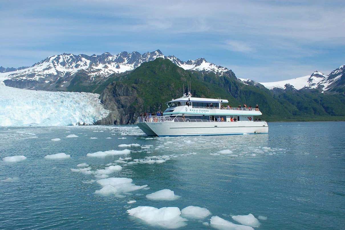 Kenai Fjords glacier and wildlife cruise vessel with panoramic windows near Seward