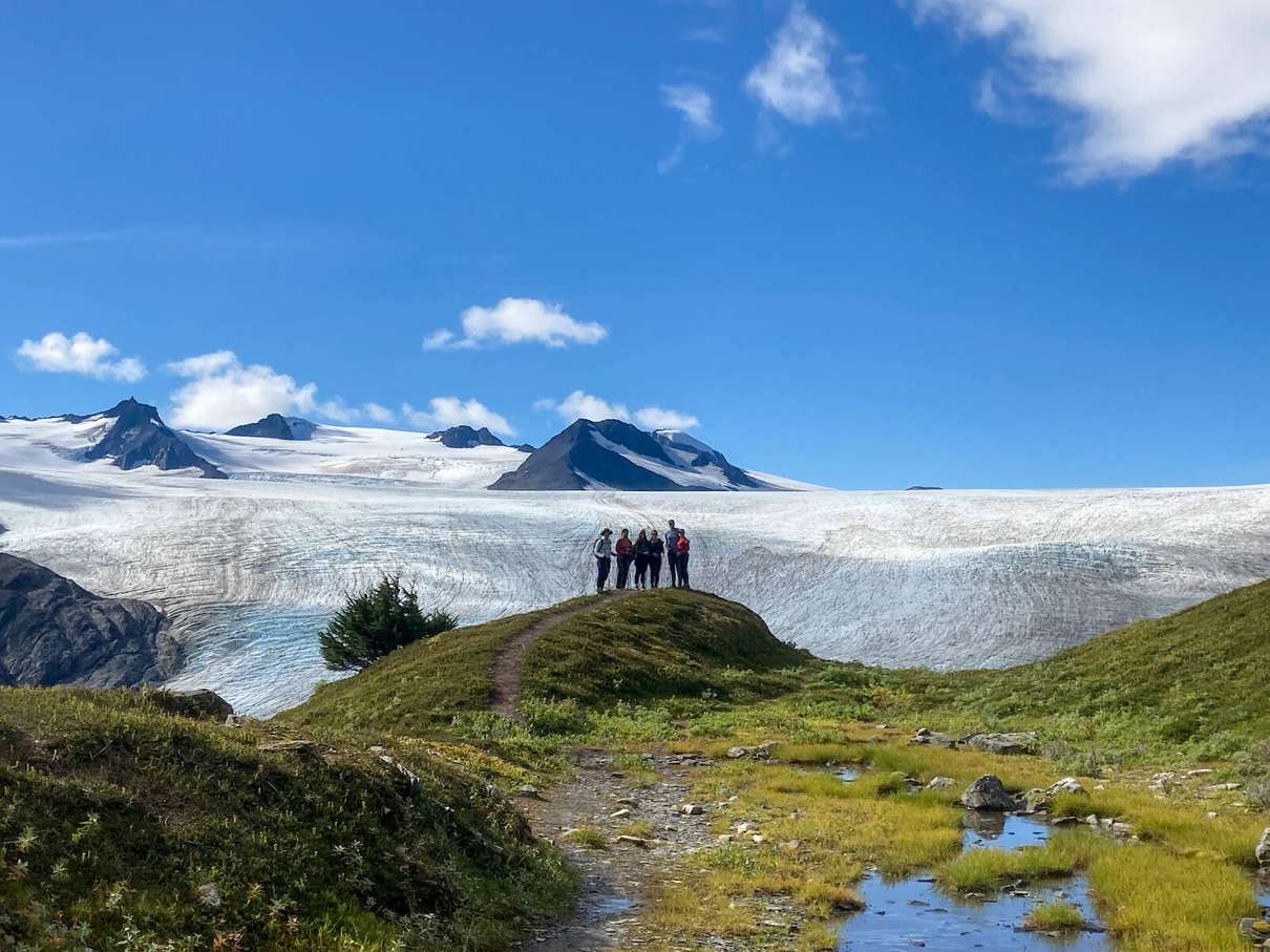 Hikers on the Harding Icefield Trail above Exit Glacier in Kenai Fjords National Park