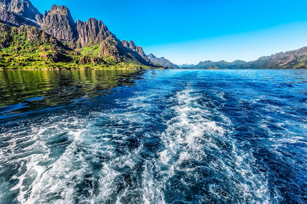 Brim Explorer hybrid-electric boat cruising into Trollfjord near Svolvær