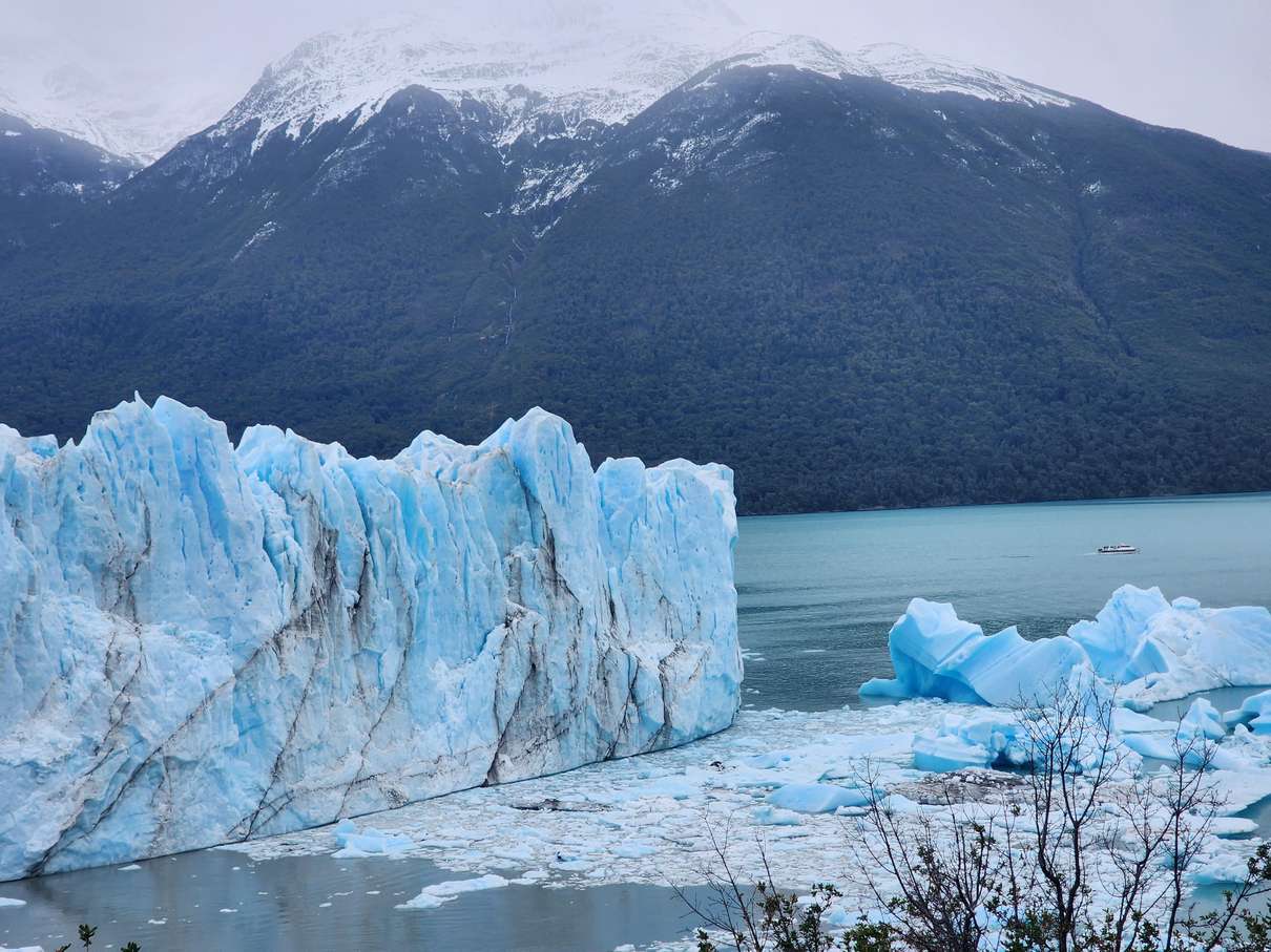 The wide ice front of Perito Moreno Glacier seen from the boardwalk viewpoints in Los Glaciares National Park