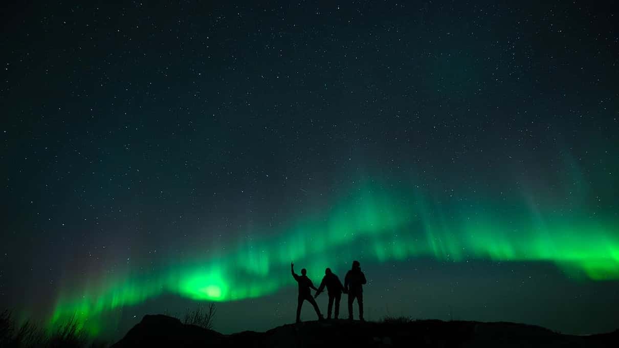Un piccolo gruppo in controluce su una riva guarda una bassa banda verde di aurora