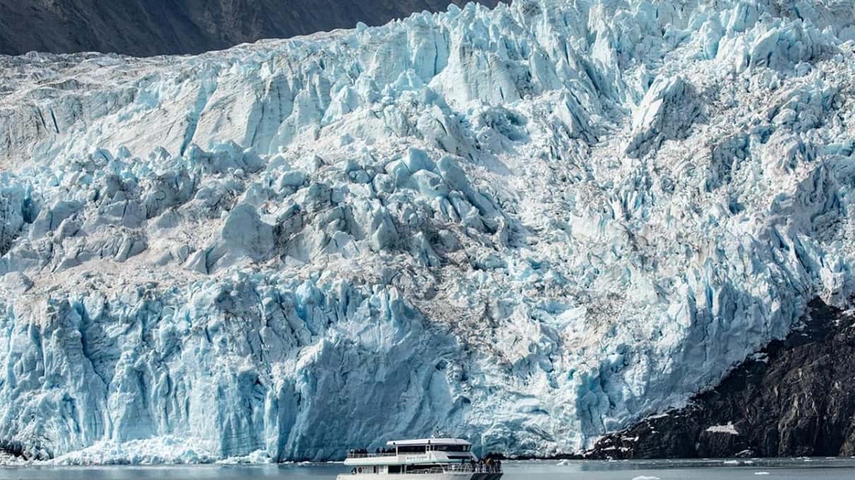 Den sprækkede blå og hvide front af en tidevandsgletsjer, der rejser sig lodret op af havet