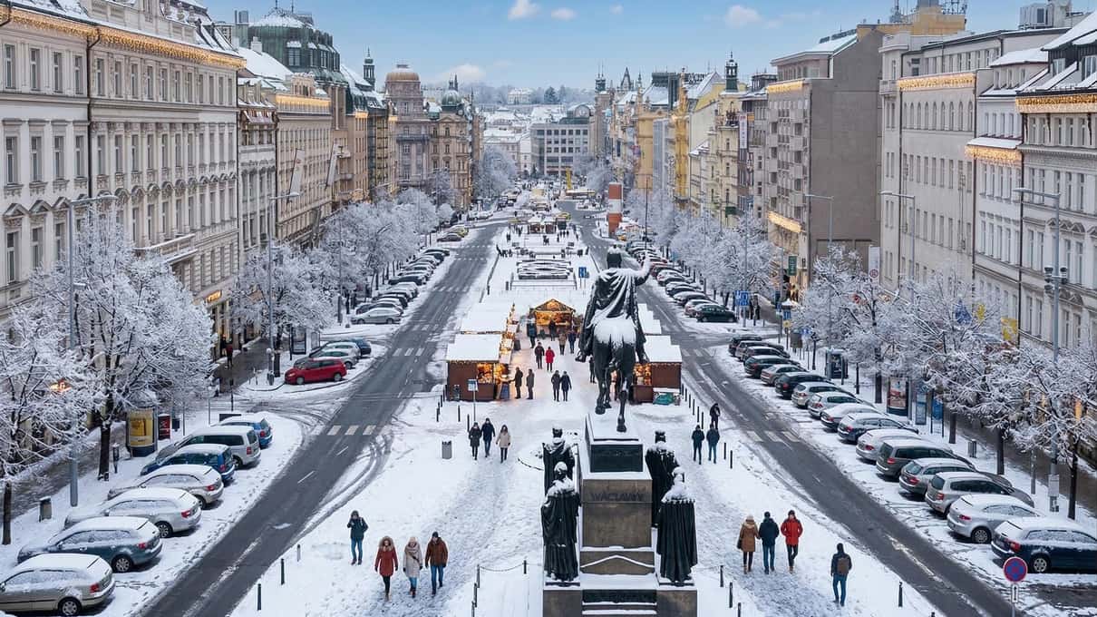 Wenceslas Square under snow seen from behind the St. Wenceslas statue, with market huts down the middle of the boulevard