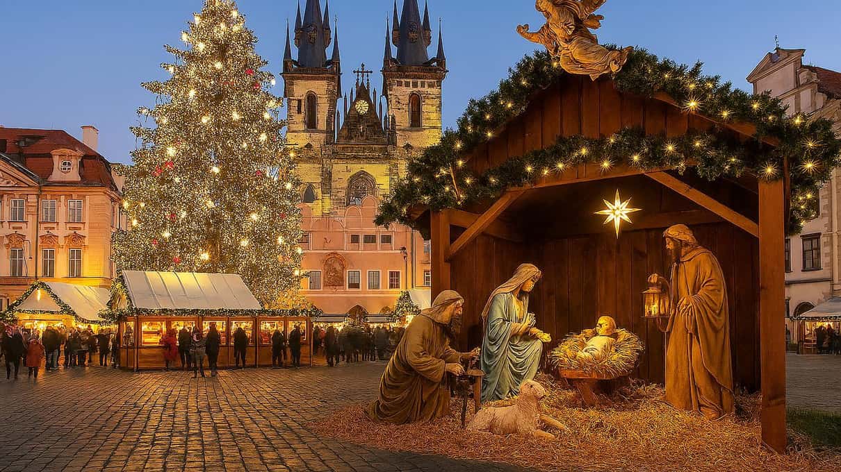 The giant Christmas tree on Old Town Square in Prague, with the twin towers of the Týn Church behind it and a wooden nativity hut in front