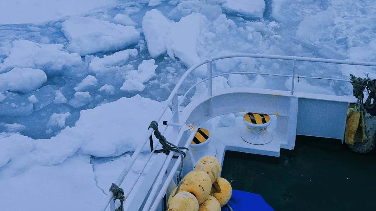 View from the icebreaker's deck rail over a sea of broken white drift ice