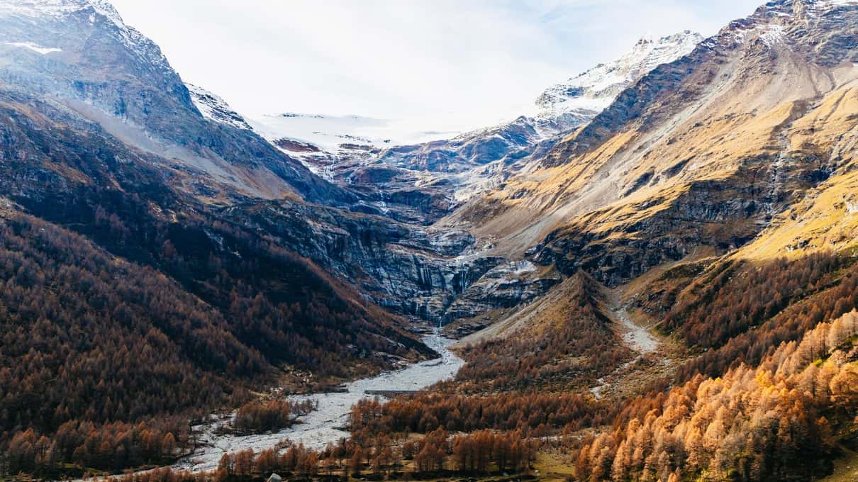 An autumn valley with yellow trees seen from above on the road up to the Alps