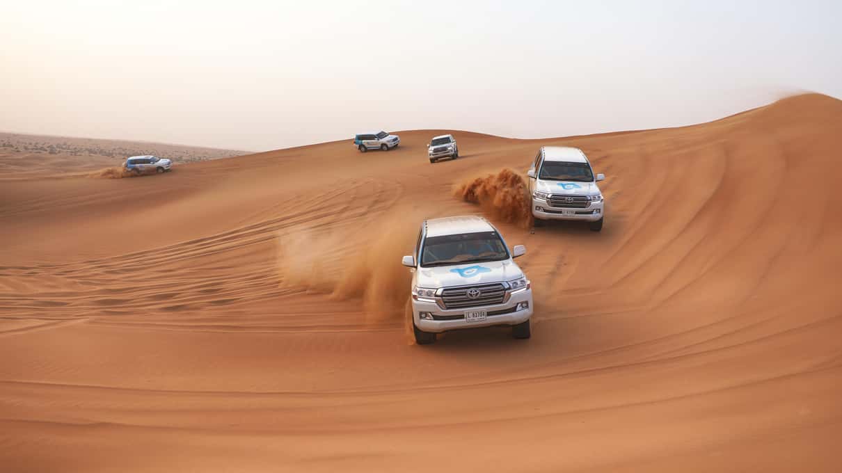 Varios 4x4 blancos bajan en fila por una duna roja durante el dune bashing a las afueras de Dubái, levantando arena
