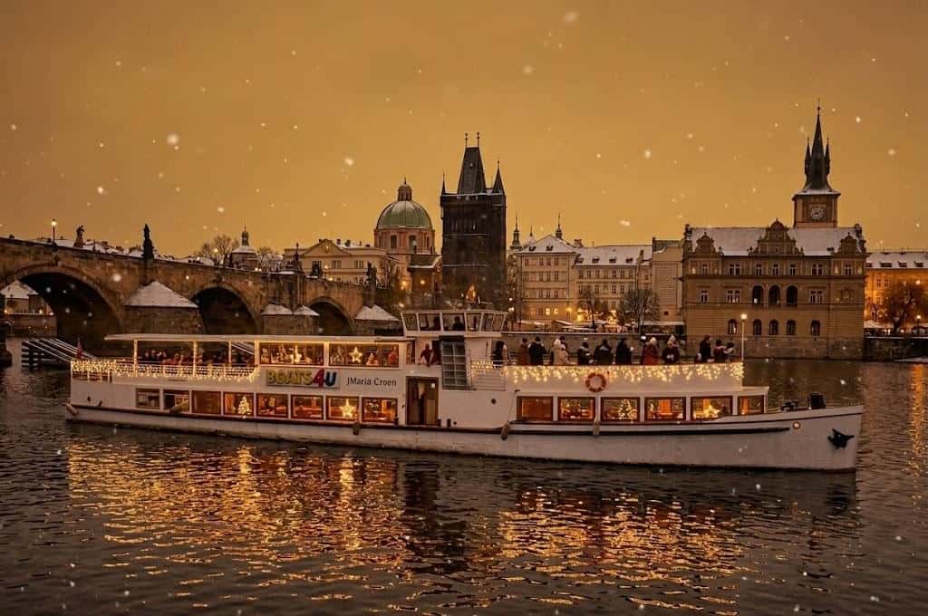 A river boat on the Vltava at dusk, with Charles Bridge and Prague Castle lit up behind it