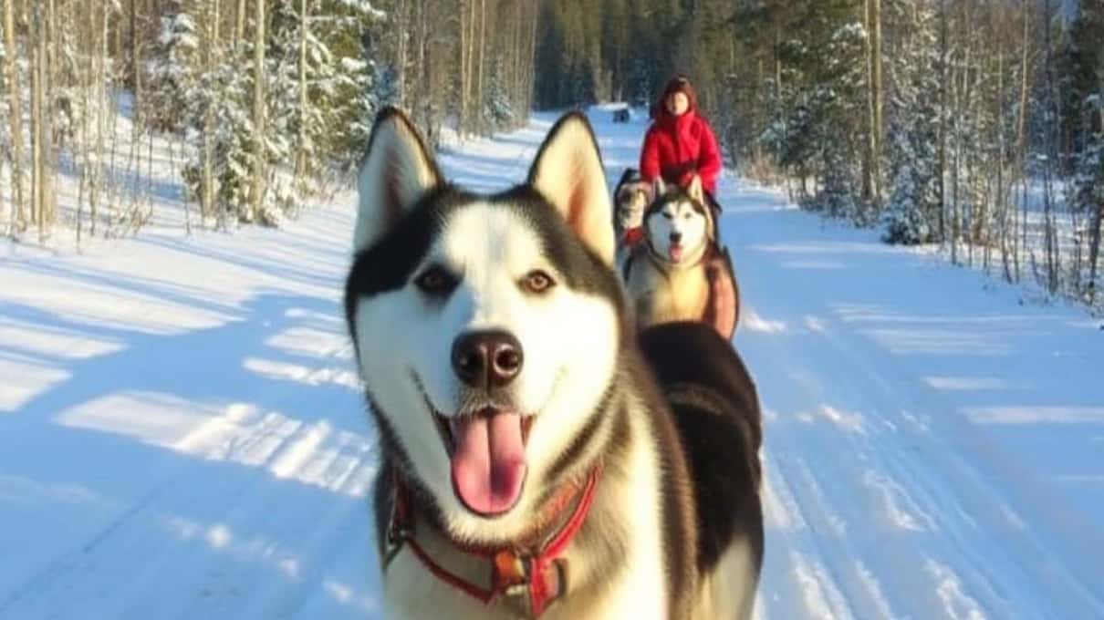 A grinning husky at the front of a sled team on a sunny forest trail, with a driver in red standing on the sled behind
