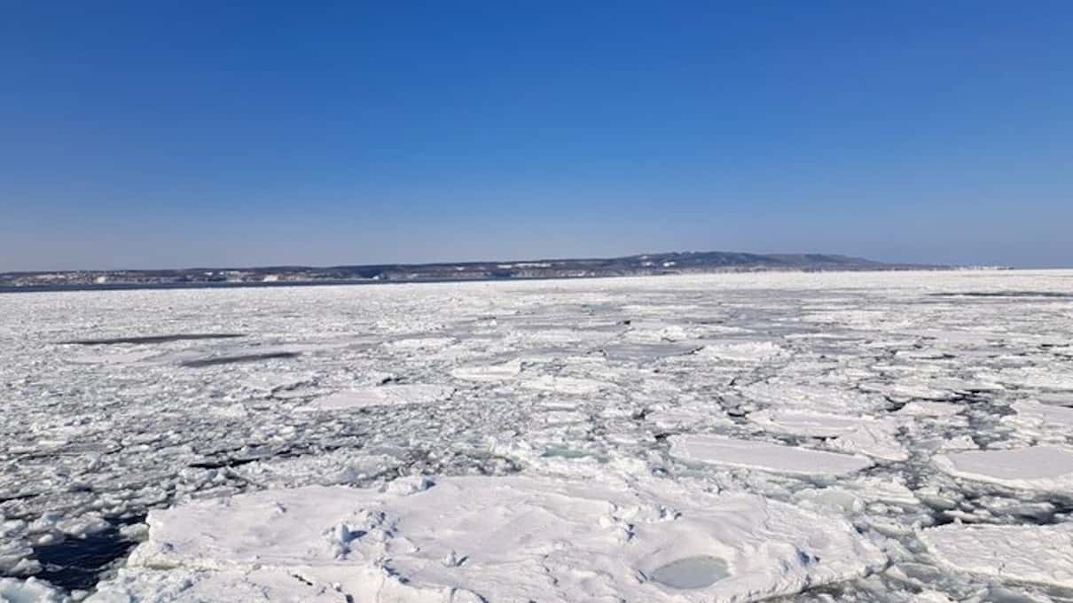 The Sea of Okhotsk covered in broken drift ice all the way to the horizon under a clear blue sky