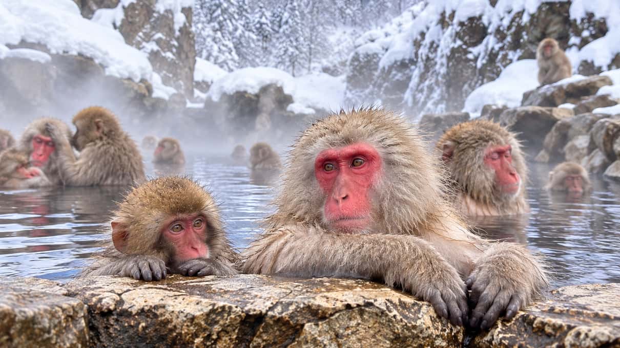 A group of red-faced Japanese macaques huddled together at the edge of the hot pool with snow behind them