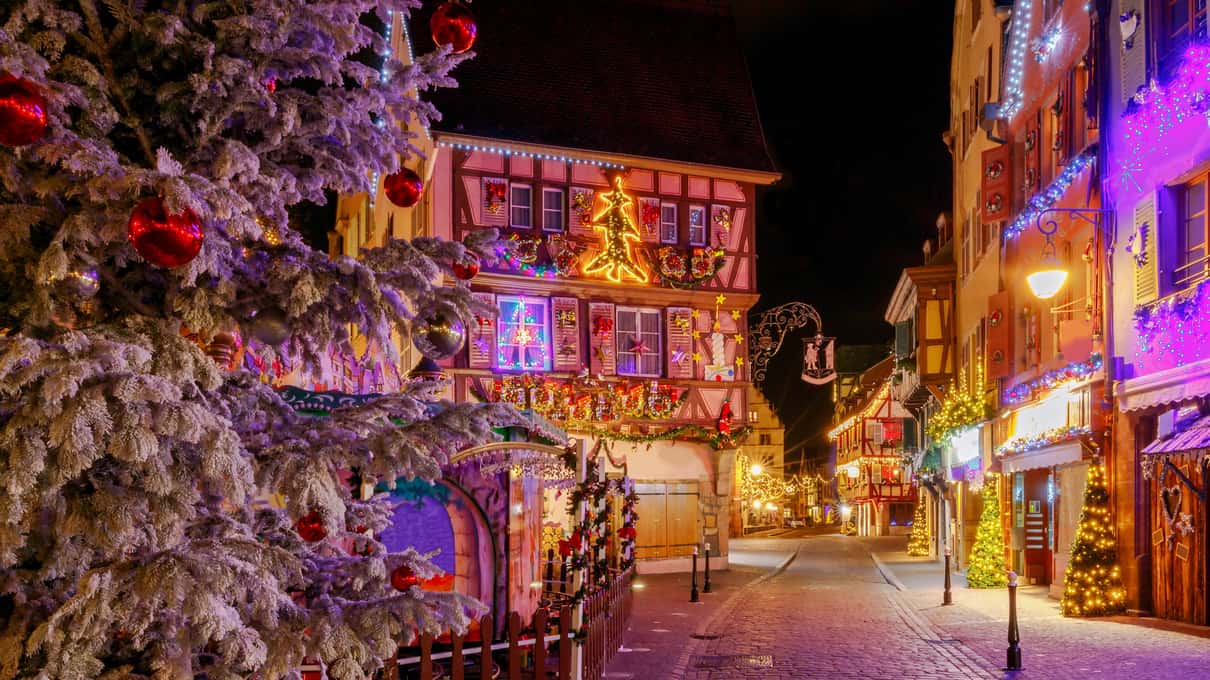 A snow-covered fir tree standing in front of half-timbered houses lit up for Christmas at night