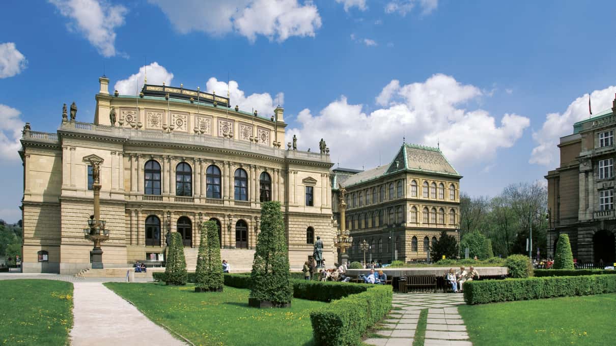 The neo-Renaissance facade of the Rudolfinum concert hall on the Vltava embankment in Prague