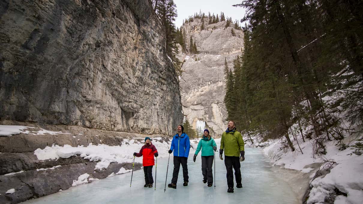 Four walkers in red, blue, teal and green jackets on the frozen creek between tall grey canyon walls