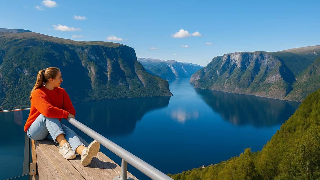 A traveller in a red coat leaning on the bow rail of a boat looking down a long blue fjord between green mountains