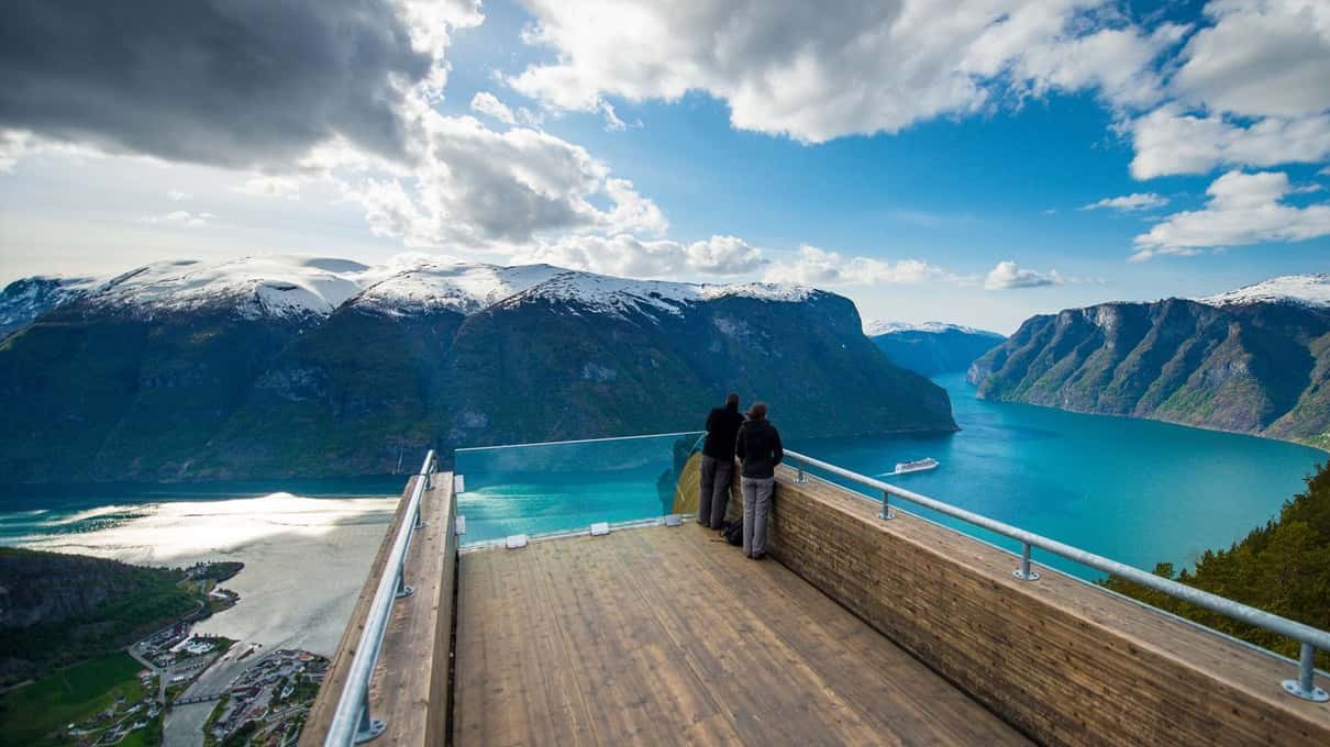 The curving Stegastein viewing platform reaching out over the Aurlandsfjord high above the water