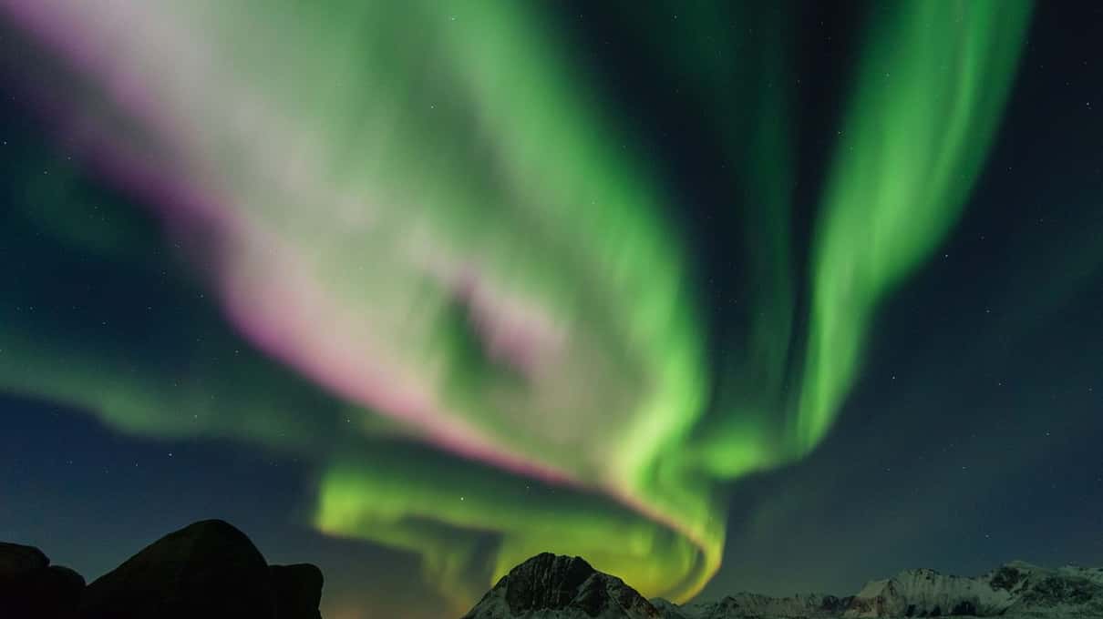 Green and pink northern lights glowing above dark rocks and calm water at night