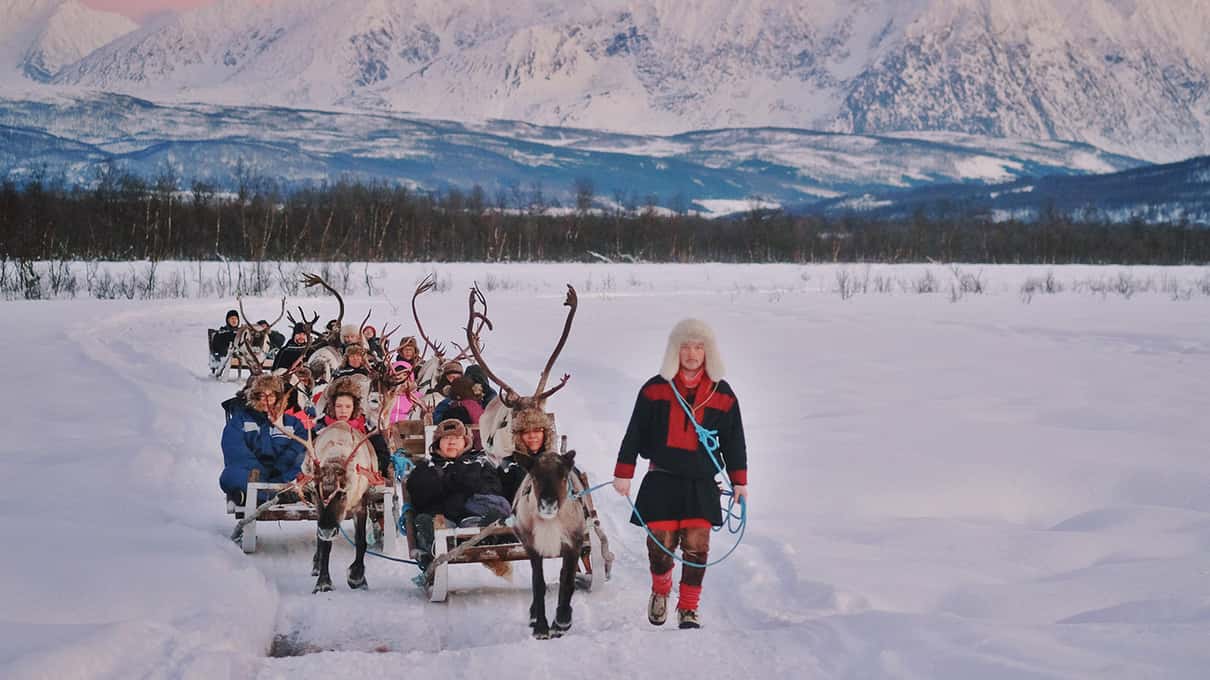 A Sami guide in a red and black gákti leading a line of reindeer sleds across a snowfield below white mountains