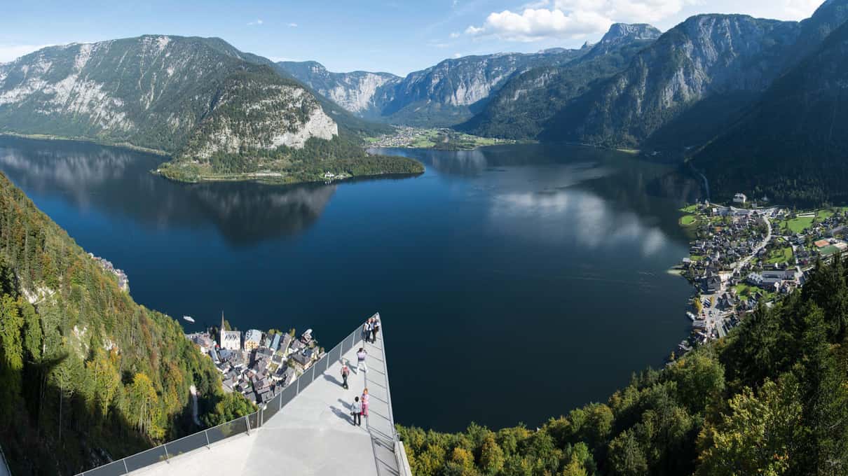 The view from the Hallstatt Skywalk platform over the lake and the mountains of the Salzkammergut