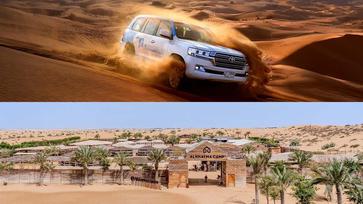 Witte terreinwagen jaagt het zand op tegen een duin, daaronder het Al Khayma Camp tussen de palmen van bovenaf