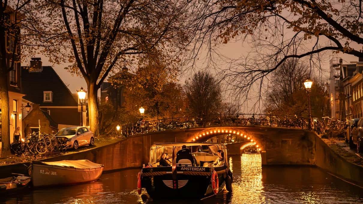 Barca con passeggeri che passa sotto un ponte illuminato da file di lampadine, di sera, tra gli alberi del canale