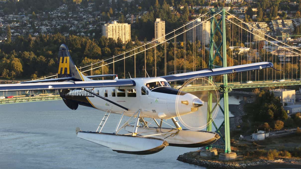 Harbour Air floatplane in white and blue livery flying low past the green towers of the Lions Gate Bridge