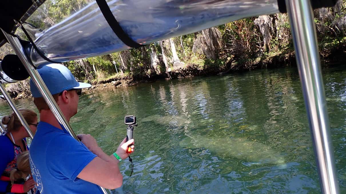 A captain filming the river from the deck of a manatee viewing boat in Crystal River