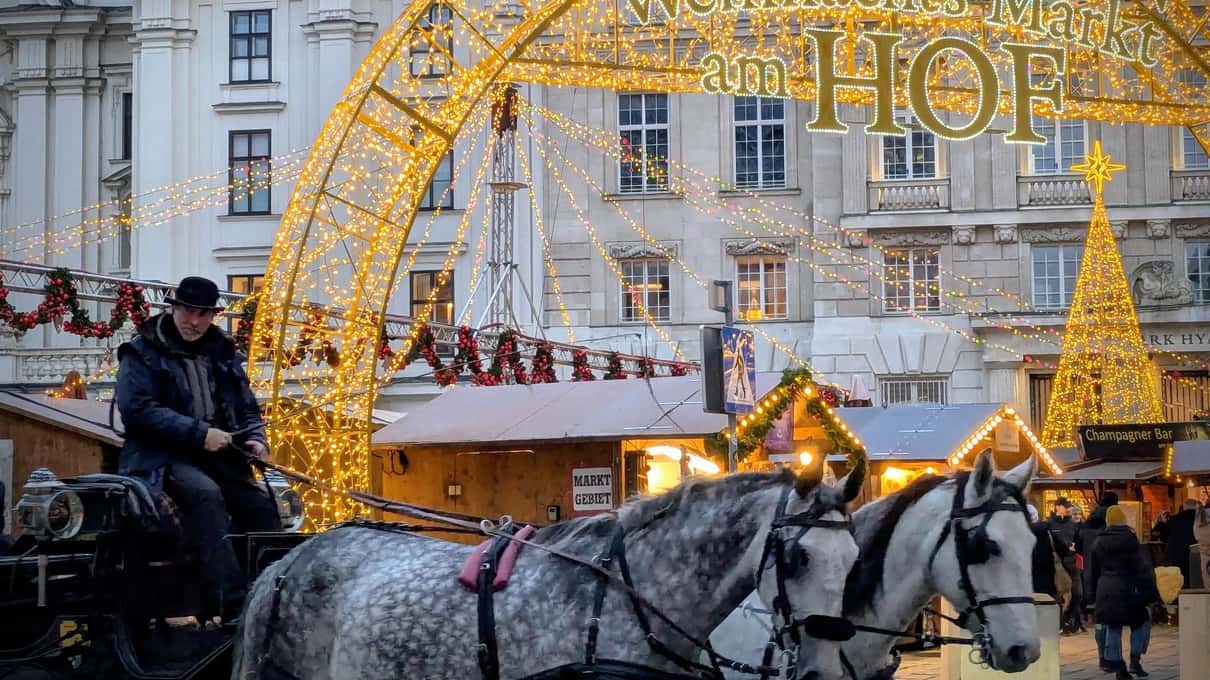 A Fiaker driver with two grey horses in front of the golden light arch and wooden huts of the Am Hof Christmas market