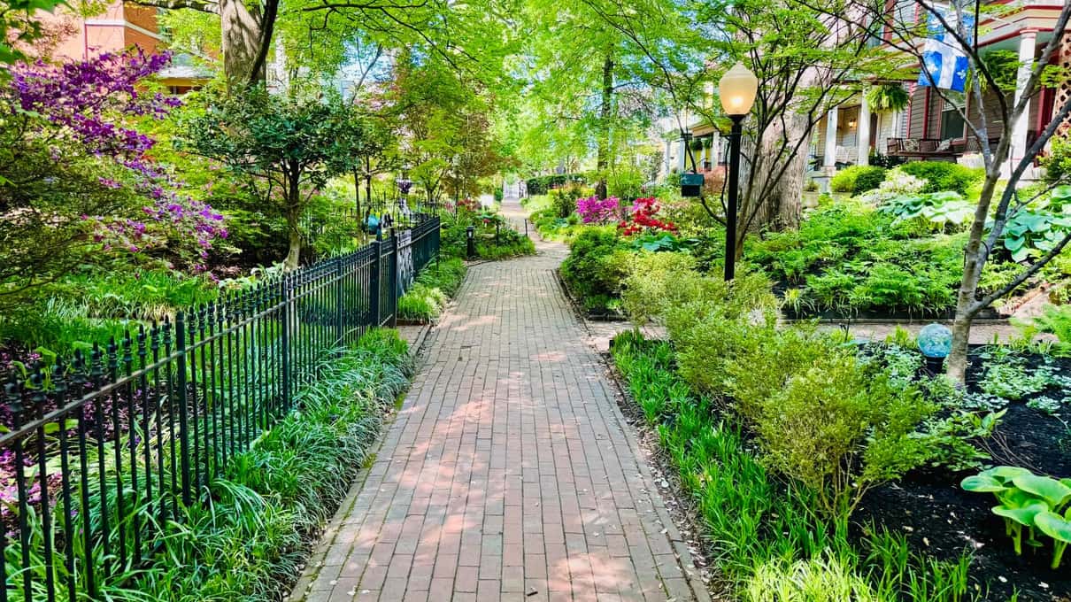 A brick-paved pedestrian walking court running between lush gardens and an iron fence in Old Louisville