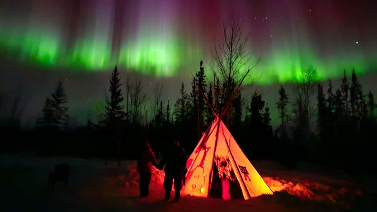 A glowing orange canvas tent among dark spruce trees under a green aurora