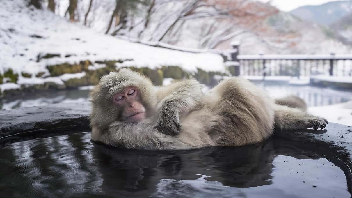 A macaque floating on its back in the hot pool with its eyes closed and snow banks behind