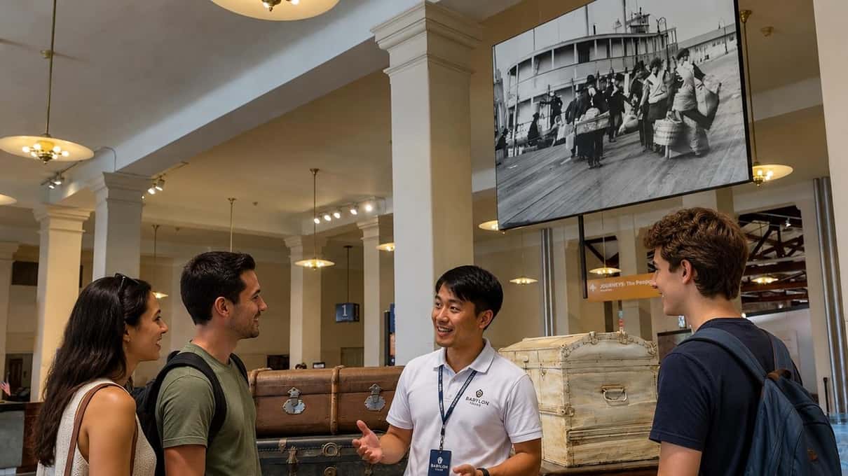 Guide talking with three young visitors beside old trunks and a large historic photo of immigrants on a ferry in the Ellis Island museum