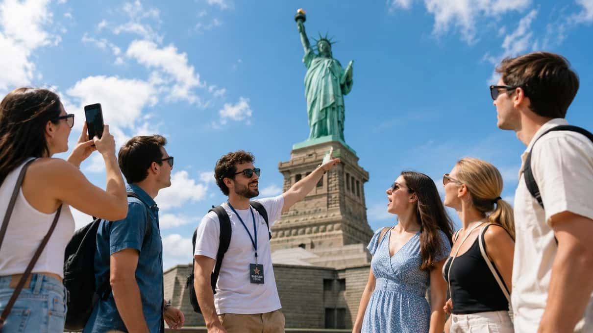 Small group of travelers with their guide photographing the statue under a blue sky