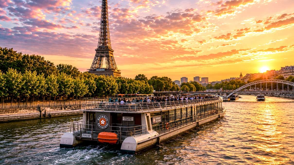 Seine-Ausflugsboot vor dem Eiffelturm im Licht des Sonnenuntergangs