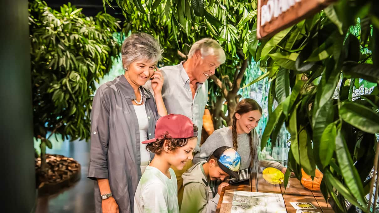 Grandparents and children looking at a cocoa exhibit at Lindt Home of Chocolate in Kilchberg