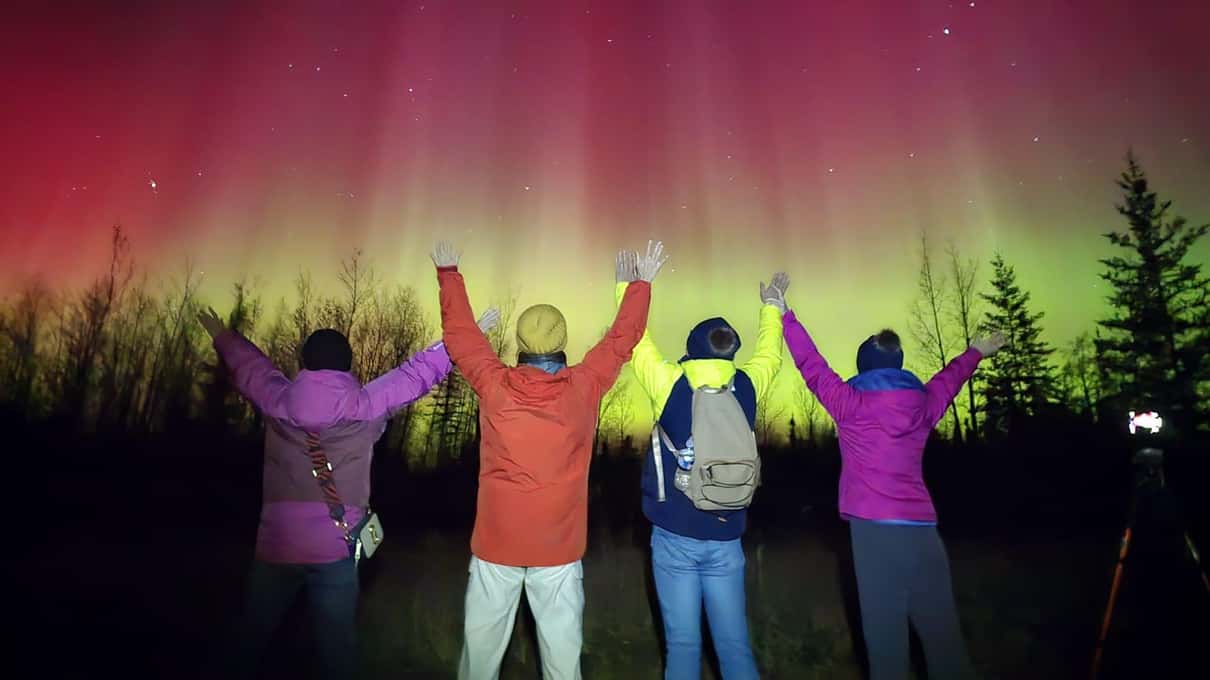 Four guests in bright winter parkas raising their arms under a red and green aurora near Yellowknife