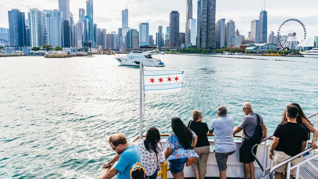 The Chicago skyline seen across Lake Michigan from a boat on a clear day