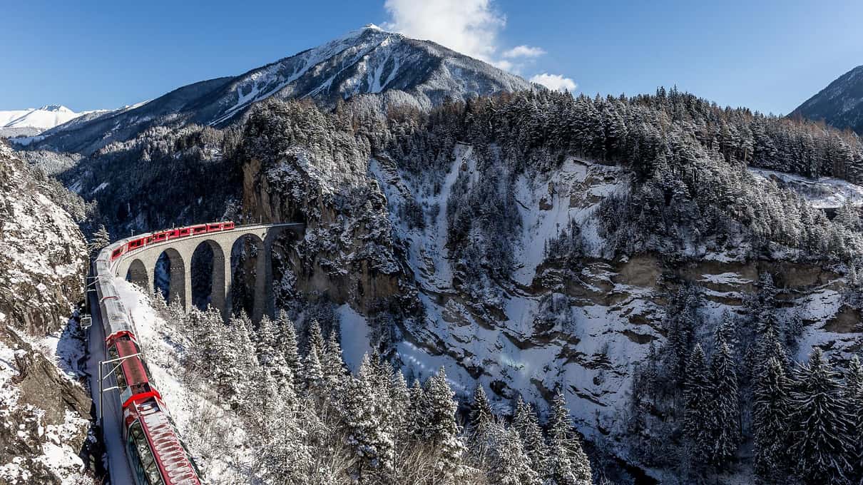 The curved stone Landwasser viaduct on the Albula line, which some Bernina tours ride on the way to Thusis
