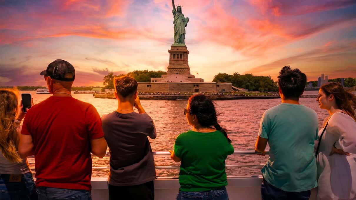 Passengers at the ferry rail watching the Statue of Liberty under a pink and orange sunset sky