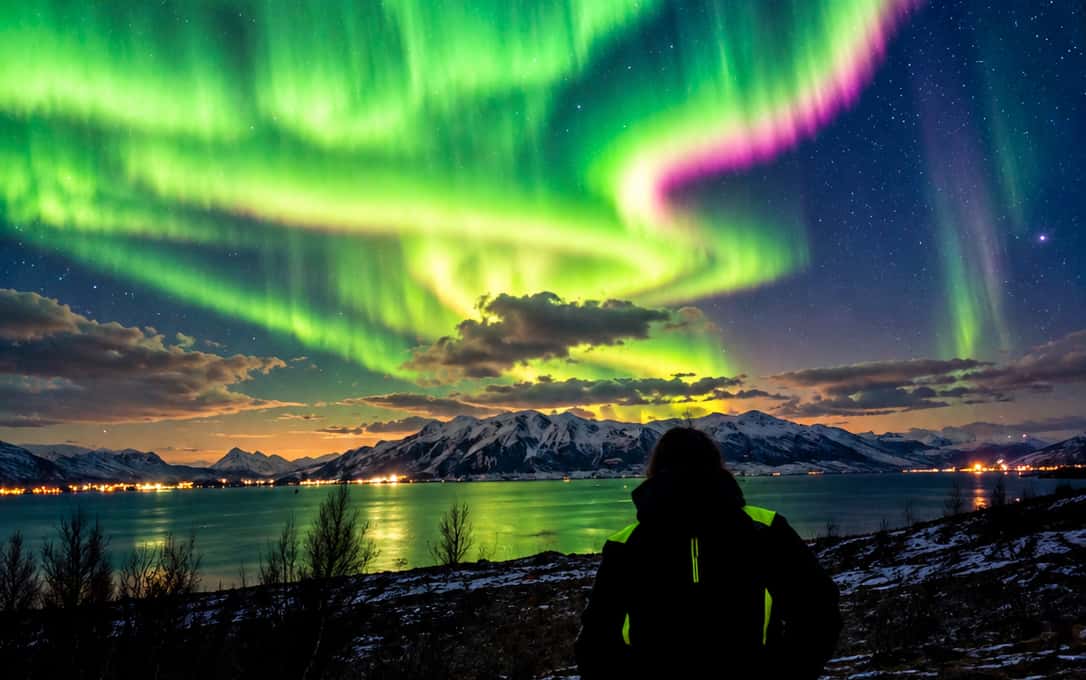 A person on a fjord shore watching a green aurora while an orange glow lingers over the mountains