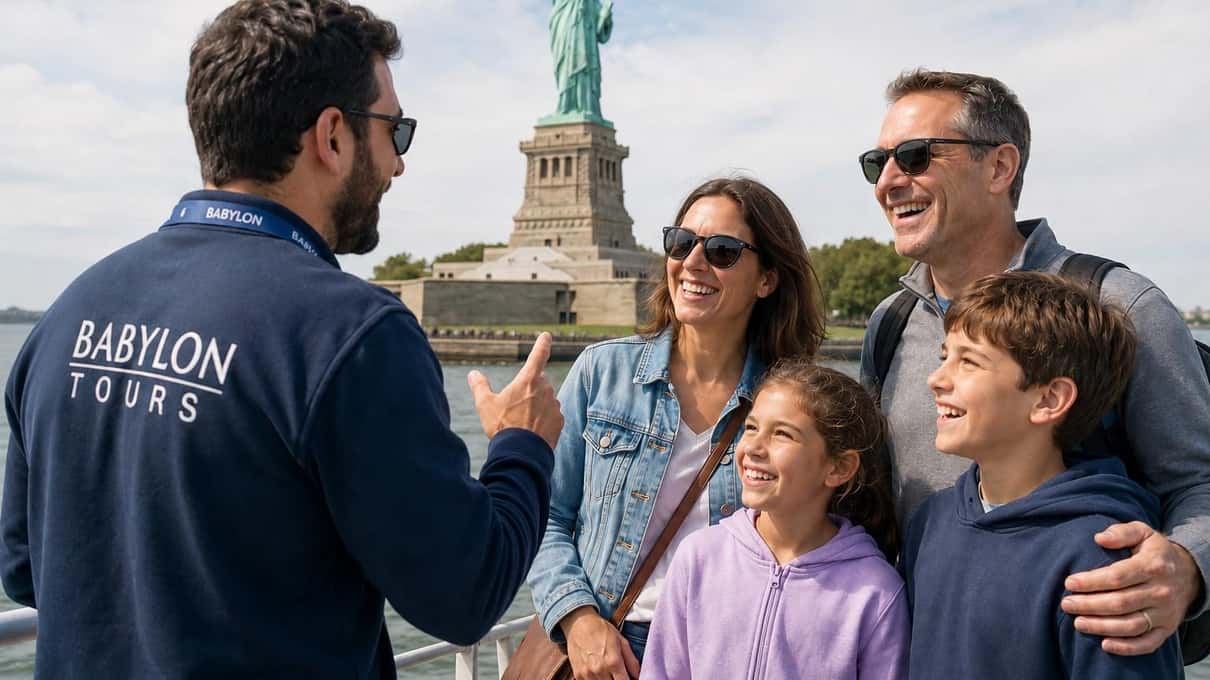 Guide chatting with a smiling family of four on a ferry deck, the Statue of Liberty behind them