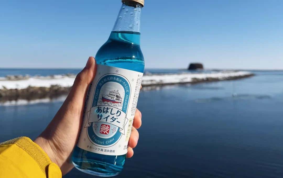 A hand in a yellow winter jacket sleeve holding a blue bottle of drift ice soda against the sea and the shore ice