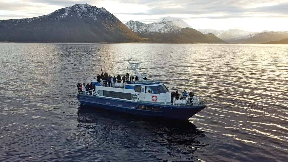 Polar Adventures boat with a navy hull full of guests in a fjord below snowy peaks