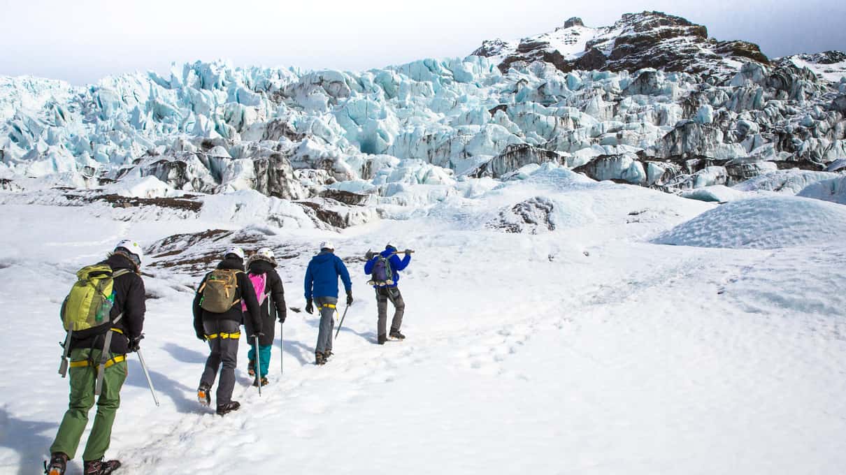 Line of hikers in bright jackets and helmets crossing the broken white surface of Falljökull glacier above Skaftafell