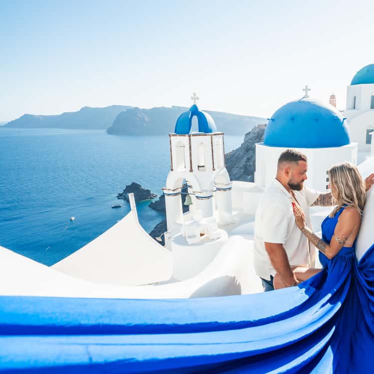 blue flying dress Santorini Photoshoot -Blue Domes Entry & Videos Full dramatic effect * DADSTYLE F221015 Off-the-Shoulder Embroidered A-Line Size:XL (PREORDER)